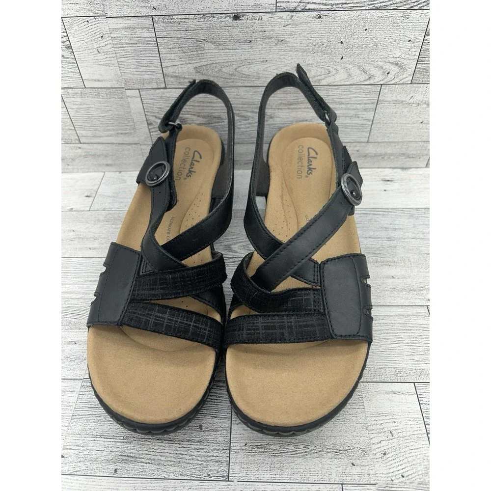Clarks Womens Merliah Bonita Wedge Sandals  Black Leather‎ Size 8M